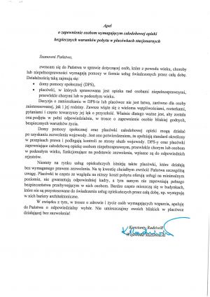 Apel o zapewnienie osobom wymagającym całodobowej opieki bezpiecznych warunków pobytu w placówkach stacjonarnych.
