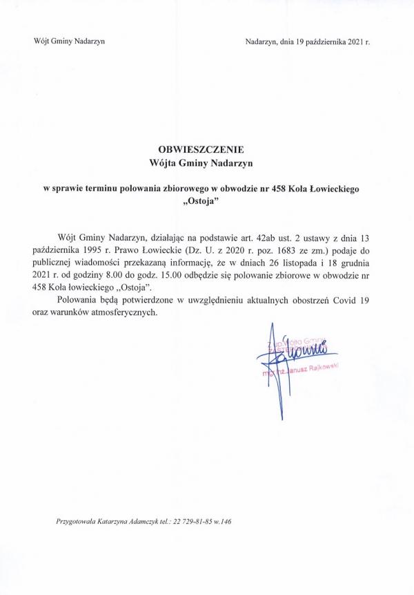 Obwieszczenie Wójta Gminy Nadarzyn z dnia 19 października 2021 r.