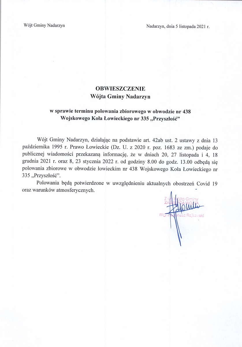 Obwieszczenie Wójta Gminy Nadarzyn z dnia 5 listopada 2021 r.