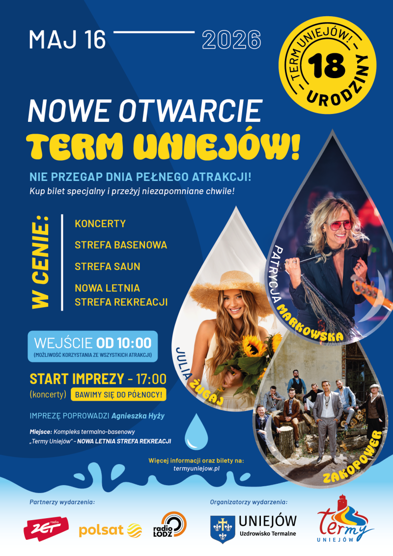 plakat informujący o otwarciu term w uniejowie