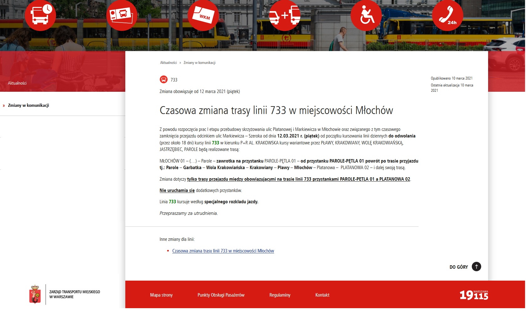 UWAGA!!! Od piatku (12 marca) czasowa zmiana trasy linii 733 w miejscowości Młochów