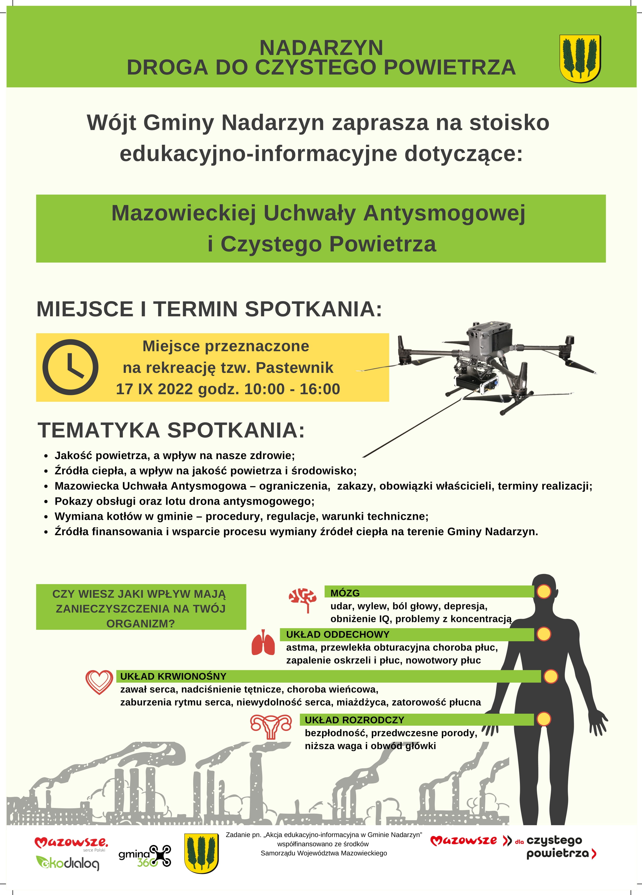 Wójt Gminy Nadarzyn zaprasza na stoisko edukacyjno-informacyjne dotyczące Mazowieckiej Uchwały Antysmogowej i Czystego Powietrza.