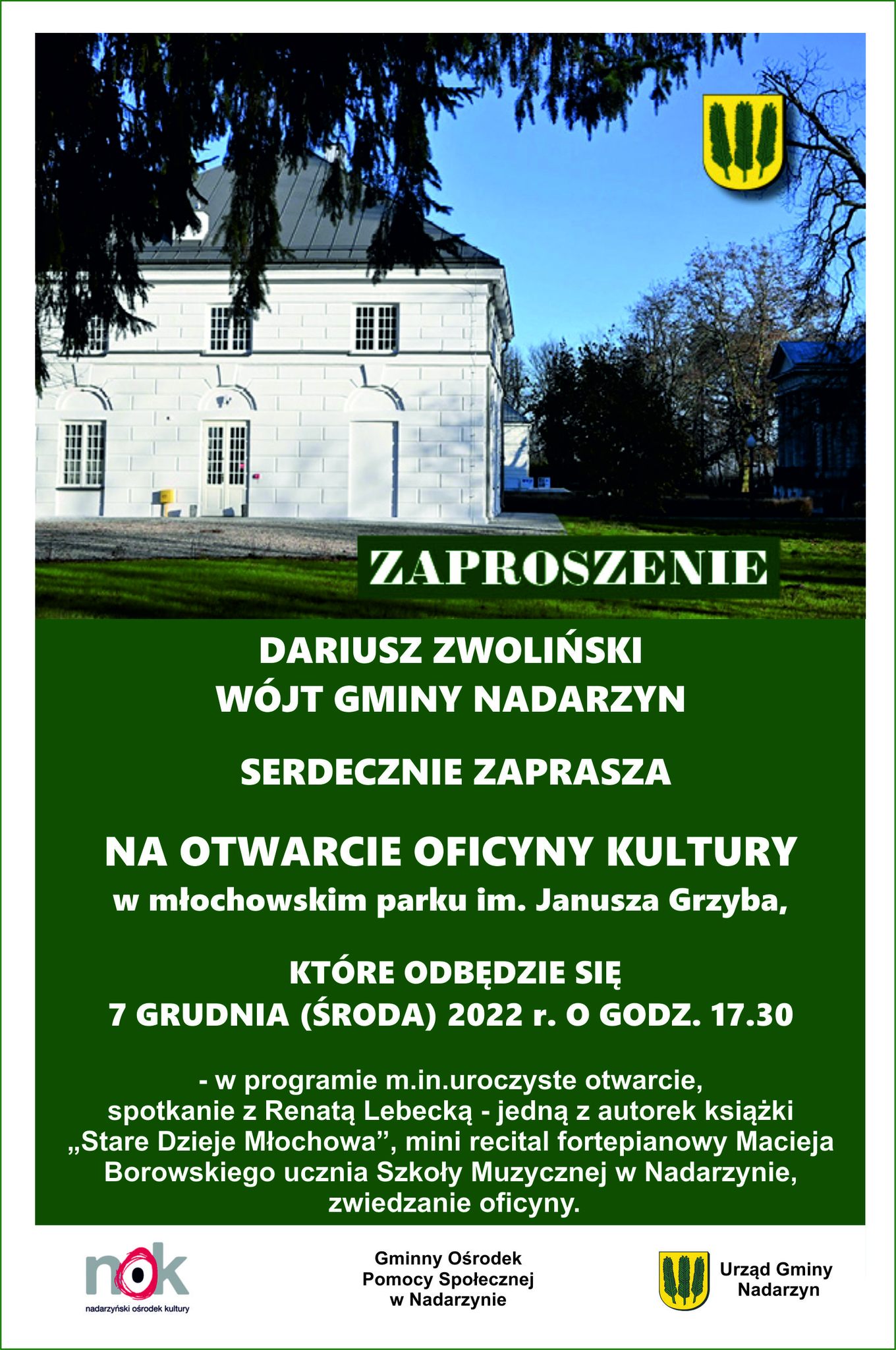 Zaproszenie na otwarcie Oficyny Kultury w Młochowie